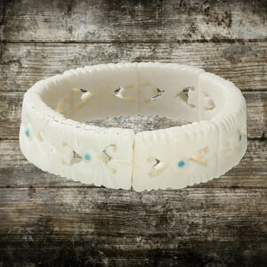 Tribal Carved Buffalo Bone India Beads Chunky Stretch Bangle Bracelet